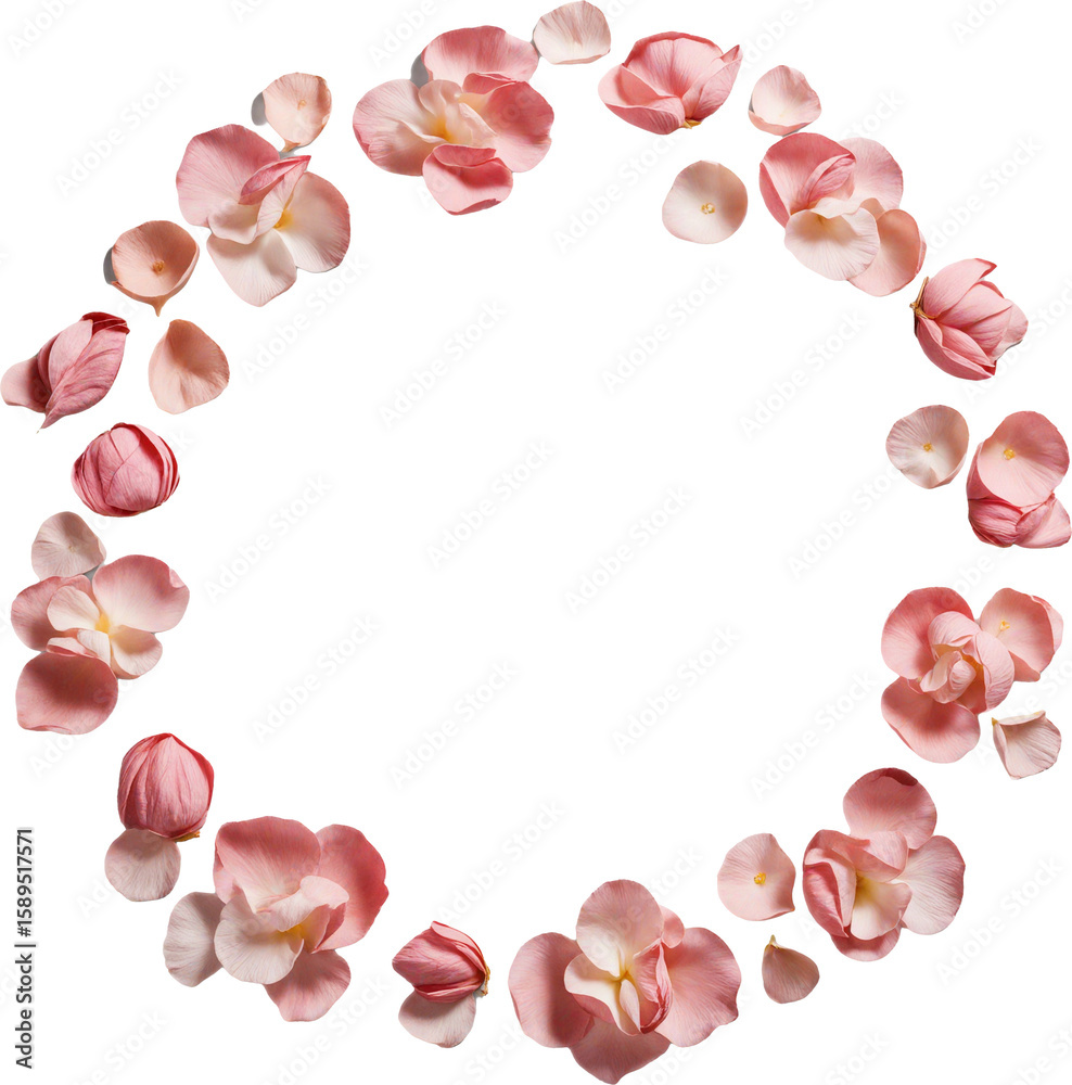 Obraz premium Flat lay of flower petals symmetrically arranged in a round shape on transparent background, ideal for spa or wellness themes. 