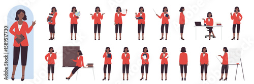 African american black female teacher poses in front, side and back view, gestures set vector illustration. Cartoon woman in suit sitting and standing, confident professional speaker teaching