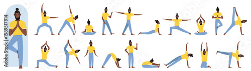African american black male yoga trainer poses in front, side and back view, pilates workout set vector illustration. Cartoon instructor training, man showing asanas meditation lessons