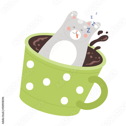 Adorable kitten sleep in catpuccino coffee cup vector concept isolated in white background. Coffee cat poster.