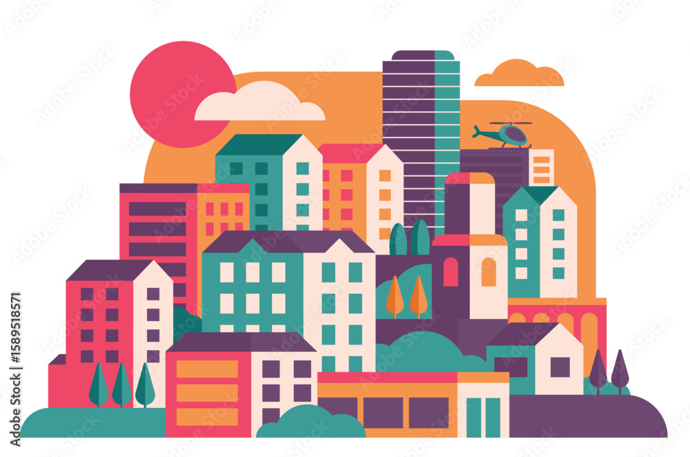 Fototapeta premium Abstract city, urban skyline at sunset. Cartoon cityscape in red, orange, green and purple, silhouettes of corporate skyscrapers and streets flat vector illustration. Architecture, town concept
