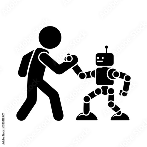 stickman fights robot, human icon, arm wrestling, new technologies, competition with ai