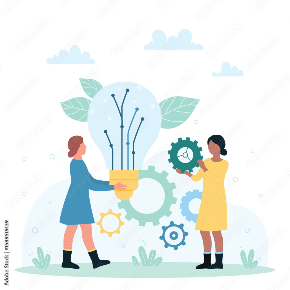 Fototapeta premium Ingenuity, success solution, innovation and creative suggestion vector illustration. Cartoon tiny people holding light bulb and gear, teamwork of characters for study and development of business ideas