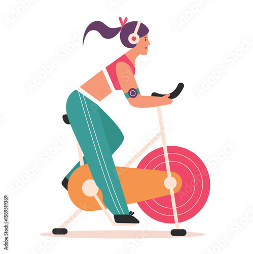 Young woman cycling on stationary bike in gym of sport club or home vector illustration. Cartoon girl training on bicycle, indoor workout of person background. Physical exercises, activity concept