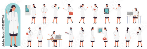 Female doctor poses set vector illustration. Cartoon posing actions of woman medical worker working in hospital, pointing to xray of patients skull, holding first aid box isolated on white. concept