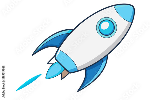 a light blue and white rocket in flight isolated on white background.