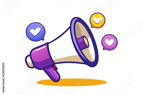 purple and white cartoon megaphone surrounded by speech bubbles with heart icons isolated on white background.