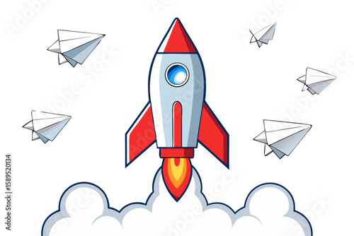 rocket launching with paper airplanes isolated on white background.