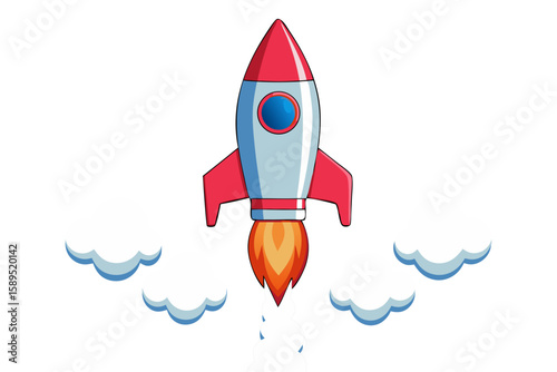 a cartoon rocket launching into space. isolated on white background.