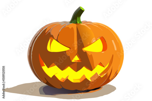 a glowing halloween jack-o'-lantern with a scary face isolated on white background.