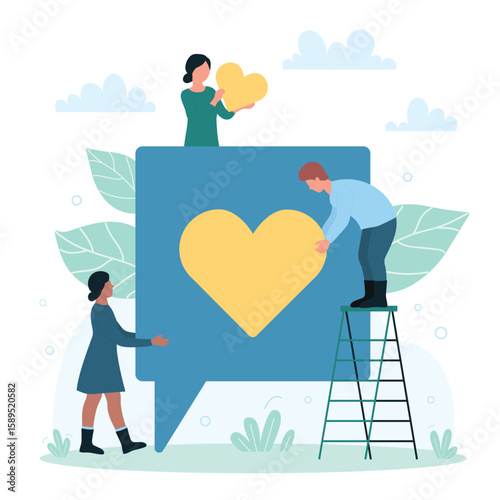 Social media marketing and customer response. Cartoon tiny people holding hearts, audience giving likes to trend digital content flat vector illustration. Influence, feedback of community concept