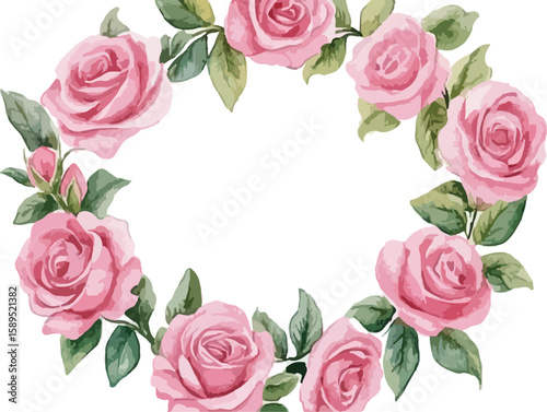 Watercolor Pink Roses Wreath with Green Leaves and White Background Space