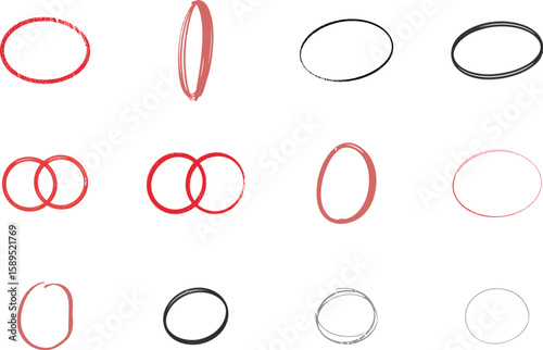 A collection of hand-drawn circles and ovals. This set includes sketchy, brushed ellipses in red and black, useful as frames or highlight markers for design projects.
