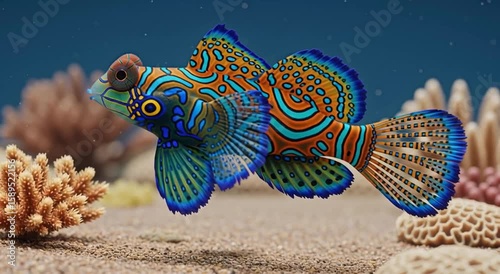 Close-up of a brightly colored mandarinfish with intricate patterns on the ocean floor