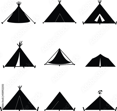 Silhouette of Hikers with Backpacks and Trekking Poles on White Background