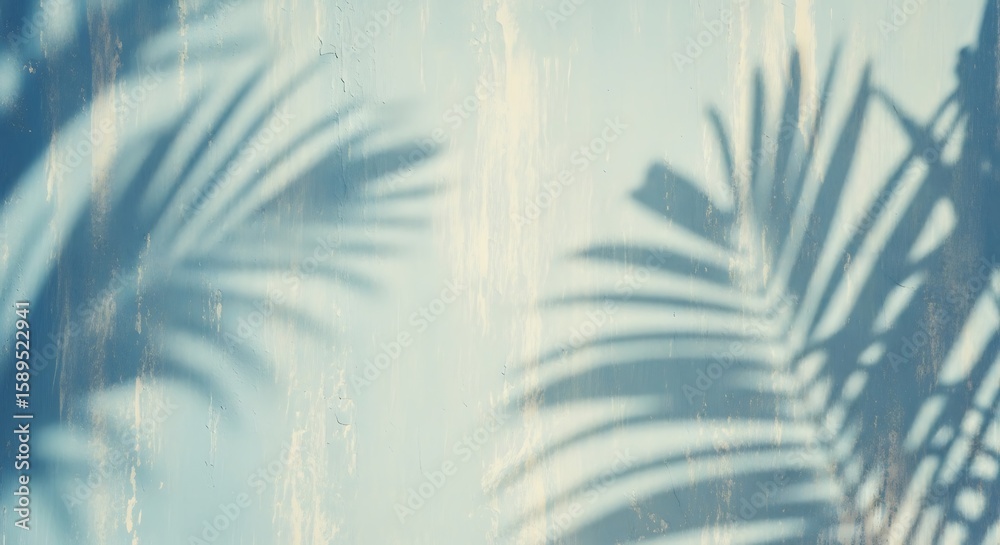 Fototapeta premium Tropical vibe with palm leaf shadows on a vintage blue wall, perfect for summer backgrounds, adding a relaxing and aesthetic atmosphere to your designs.