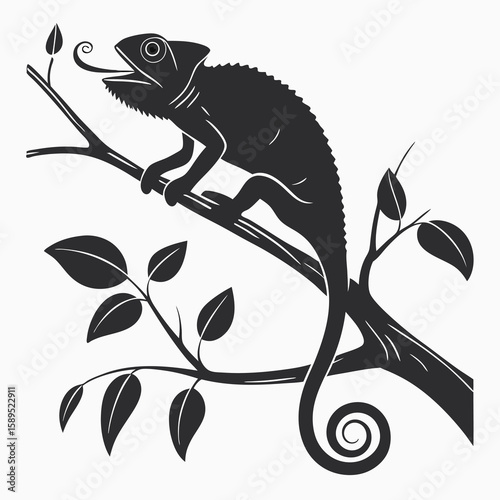 Silhouette of a chameleon on a branch with its tongue out