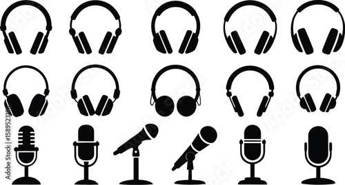 A collection of black audio equipment icons. This set features various styles of headphones and microphones for recording, podcasting, and music listening concepts.
