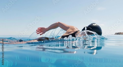 A pro female athlete swimming the freestyle crawl stroke in an outdoor swimming pool