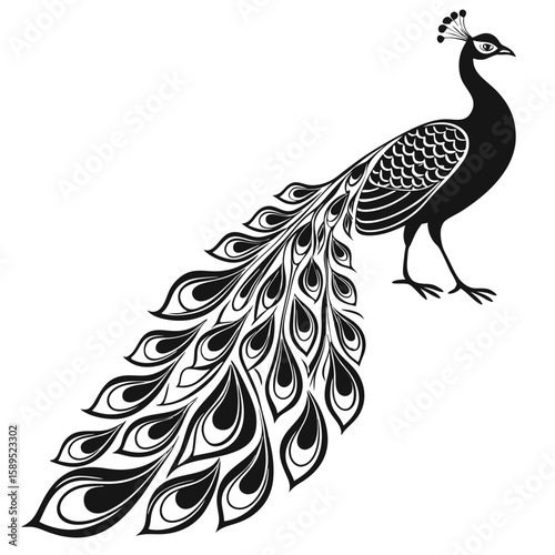 Stylized peacock illustration in black and white design