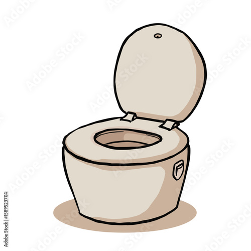 Cartoon illustration of a bathroom toilet with an open lid,  hand drawn illustration, no background  