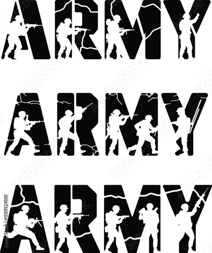 Army text logo set with soldier silhouettes. Three variations of a distressed and cracked wordmark showing troops in action. Isolated vector design.
