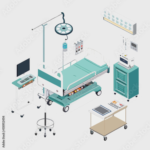 Isometric Hospital Room Equipment Set – Medical Bed, Monitor, and Tools