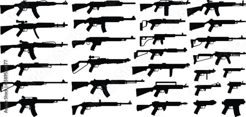 Collection of weapon silhouettes. A large set of various firearm shapes, including different rifles and handguns. Isolated black icons for military or combat themes.

