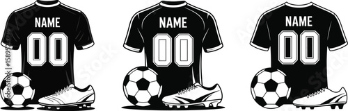 Set of soccer uniform templates. Black football jerseys with customizable name and number, shown with a ball and cleat. Isolated sports gear illustration.
