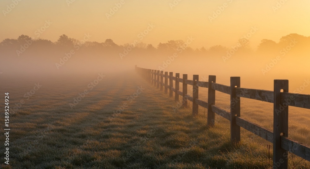 Obraz premium Misty Sunrise Over a Field with Wooden Fence