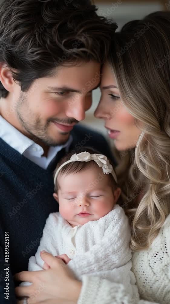 Young couple joyfully holding their newborn baby, showcasing love and tenderness, with soft lighting and cozy indoor setting, capturing family bonding moments Young couple joyfully holding their newborn baby, showcasing love and tenderness, with soft lighting and cozy indoor setting, capturing family bonding moments