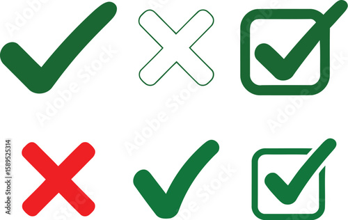 Set of check and cross mark icons. Green tick and red X symbols representing yes, no, correct, and incorrect answers.
