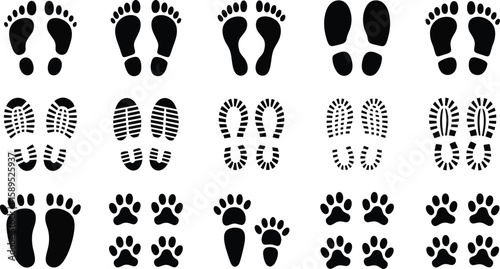 Collection of black footprint silhouettes. Set includes human bare feet, shoe prints, and animal paw tracks. Icon pack for design elements.
