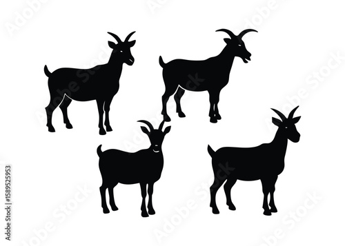 Various goat silhouettes set isolated flat vector illustration on white background.