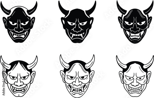 Collection of six traditional Japanese demon masks. Set includes solid black and white line art variations for tattoos or icons.
