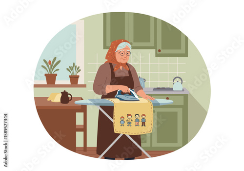 Elderly woman ironing apron embroidered by grandchildren in vintage kitchen with plants in flat vector style.