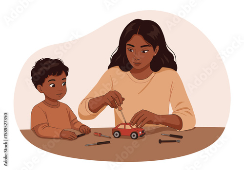 Woman helping child repair toy car at home on wooden table  in flat vector style.