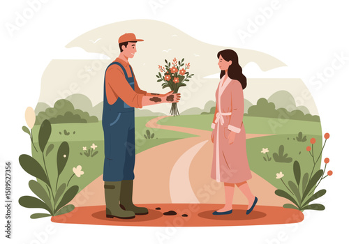 Farmer with dirty hands giving flowers to woman on path among green landscape in flat vector style.
