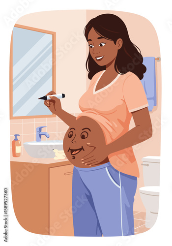 Pregnant woman drawing a face on her belly in bathroom mirror   in flat vector style.