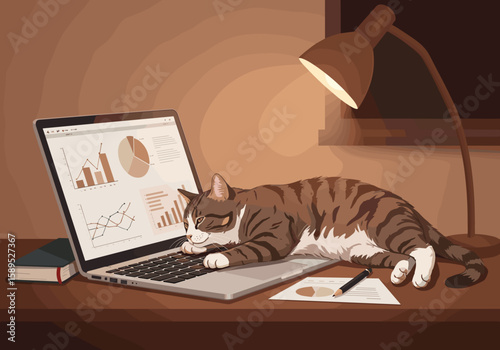 Home office interior in flat vector style. There is a laptop with charts and notes on the table, and a plump tabby cat is stretched out on it, interfering with work.