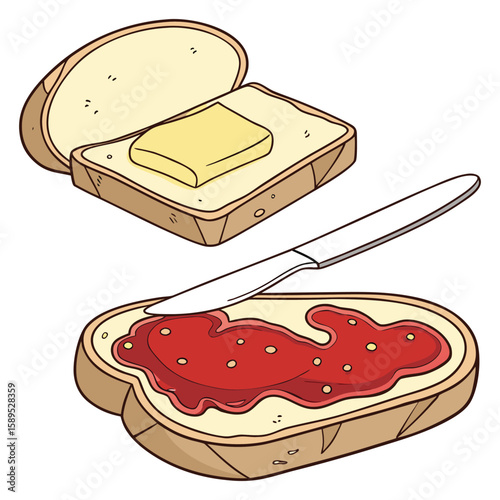 bread and jam on white background