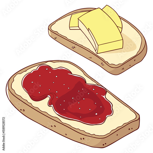 bread and jam on white background