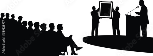 A silhouette of a live auction or business presentation, with a speaker at a podium and an item being displayed on stage to a seated audience.
