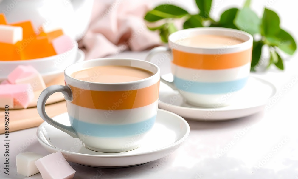 Cozy Striped Mugs of Hot Coffee or Tea with Vibrant Turkish Delight Candies on a Warm Table Setting Cozy Striped Mugs of Hot Coffee or Tea with Vibrant Turkish Delight Candies on a Warm Table Setting