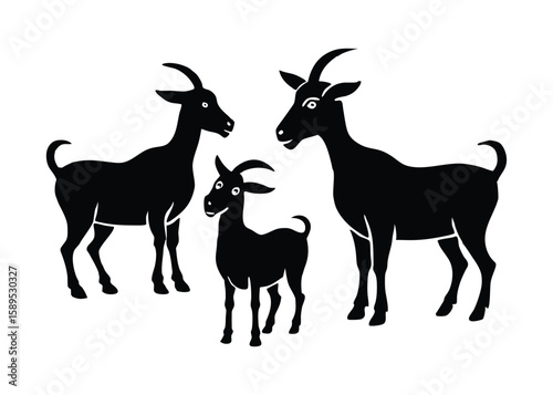 Various goat silhouettes set isolated flat vector illustration on white background.