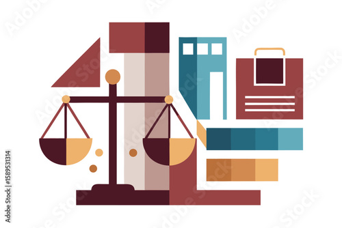 Abstract illustration of justice scales and architectural elements representing legal and governmental structures.