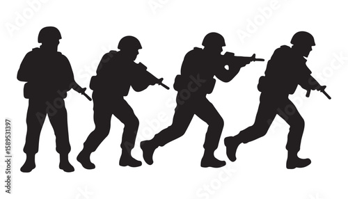 Armed Soldiers in Action Silhouette Vector Illustration set  Isolated on White


