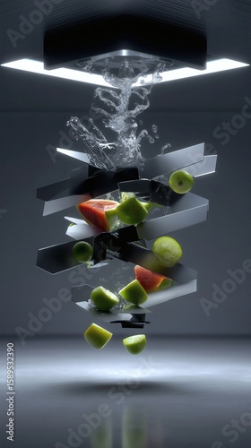 Water cascades over fruit and metallic shelves in a modern display.