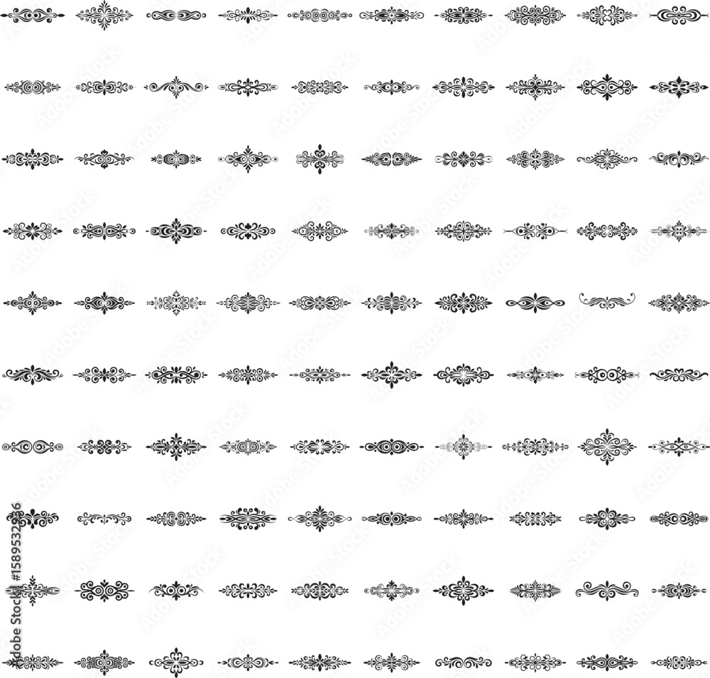 Obraz premium Black horizontal decorative scrolls in vector with transparency