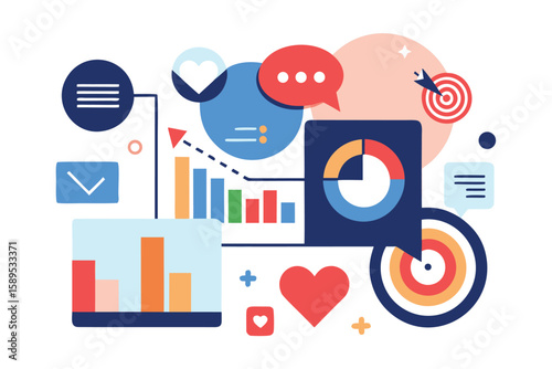 Colorful abstract illustration of data analysis and marketing strategy targeting goals and improving results